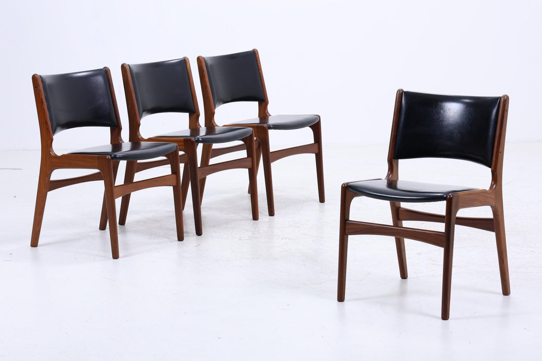 4er Set Teak Stühle von Erik Buch &quot;Modell 89&quot; | Mid Century Danish Design Leder Optik Stuhl | Vintage Designer