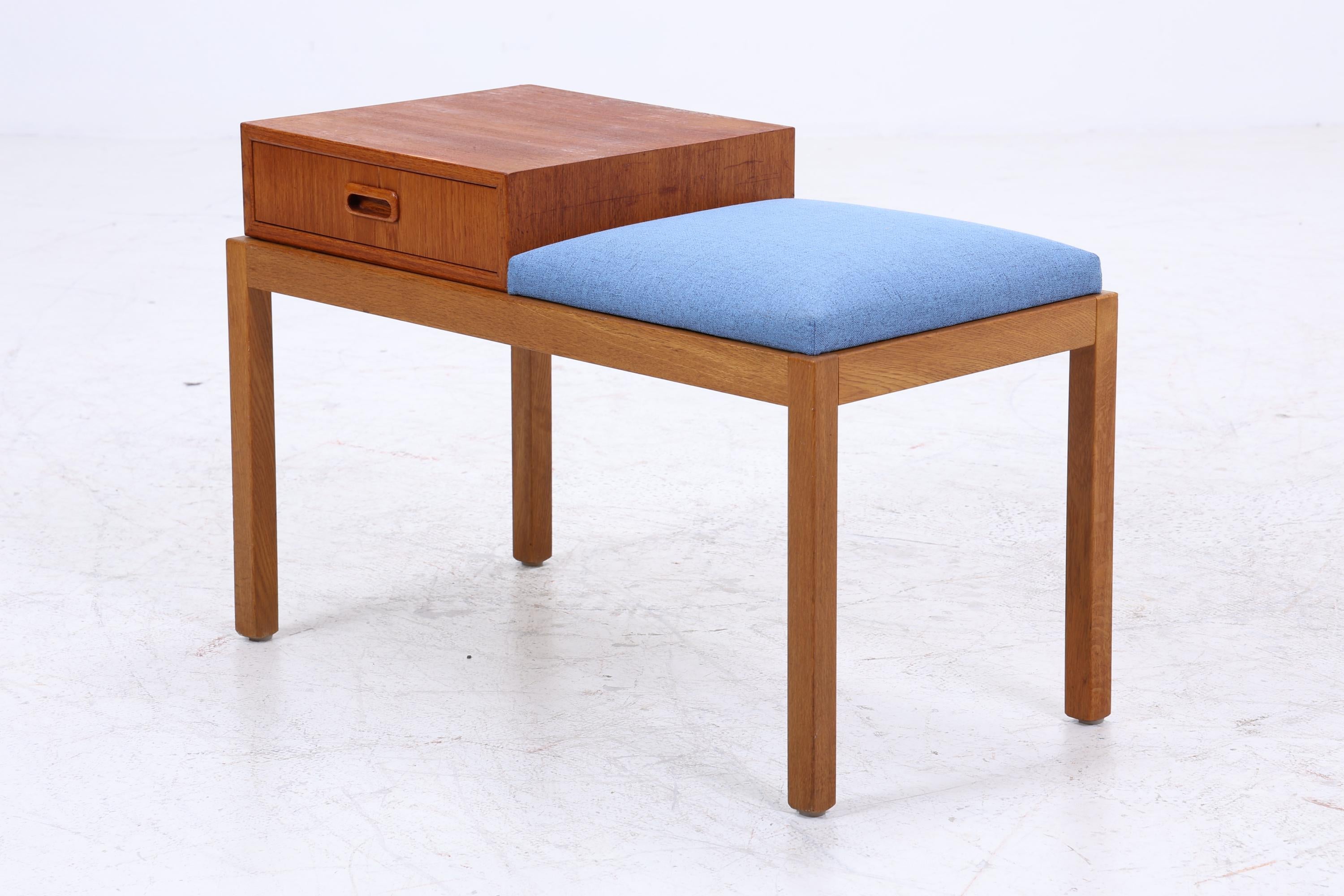 Mid Century Teak Telefonbank mit Schublade &amp; Sitzpolster | Vintage Flur Bank Blau | 60er Design Sitzbank
