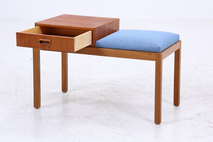 Mid Century Teak Telefonbank mit Schublade &amp; Sitzpolster | Vintage Flur Bank Blau | 60er Design Sitzbank