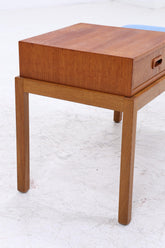 Mid Century Teak Telefonbank mit Schublade & Sitzpolster | Vintage Flur Bank Blau | 60er Design Sitzbank