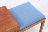 Mid Century Teak Telefonbank mit Schublade & Sitzpolster | Vintage Flur Bank Blau | 60er Design Sitzbank