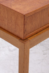 Mid Century Teak Telefonbank mit Schublade & Sitzpolster | Vintage Flur Bank Blau | 60er Design Sitzbank