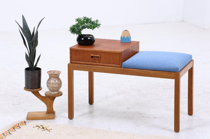 Mid Century Teak Telefonbank mit Schublade &amp; Sitzpolster | Vintage Flur Bank Blau | 60er Design Sitzbank