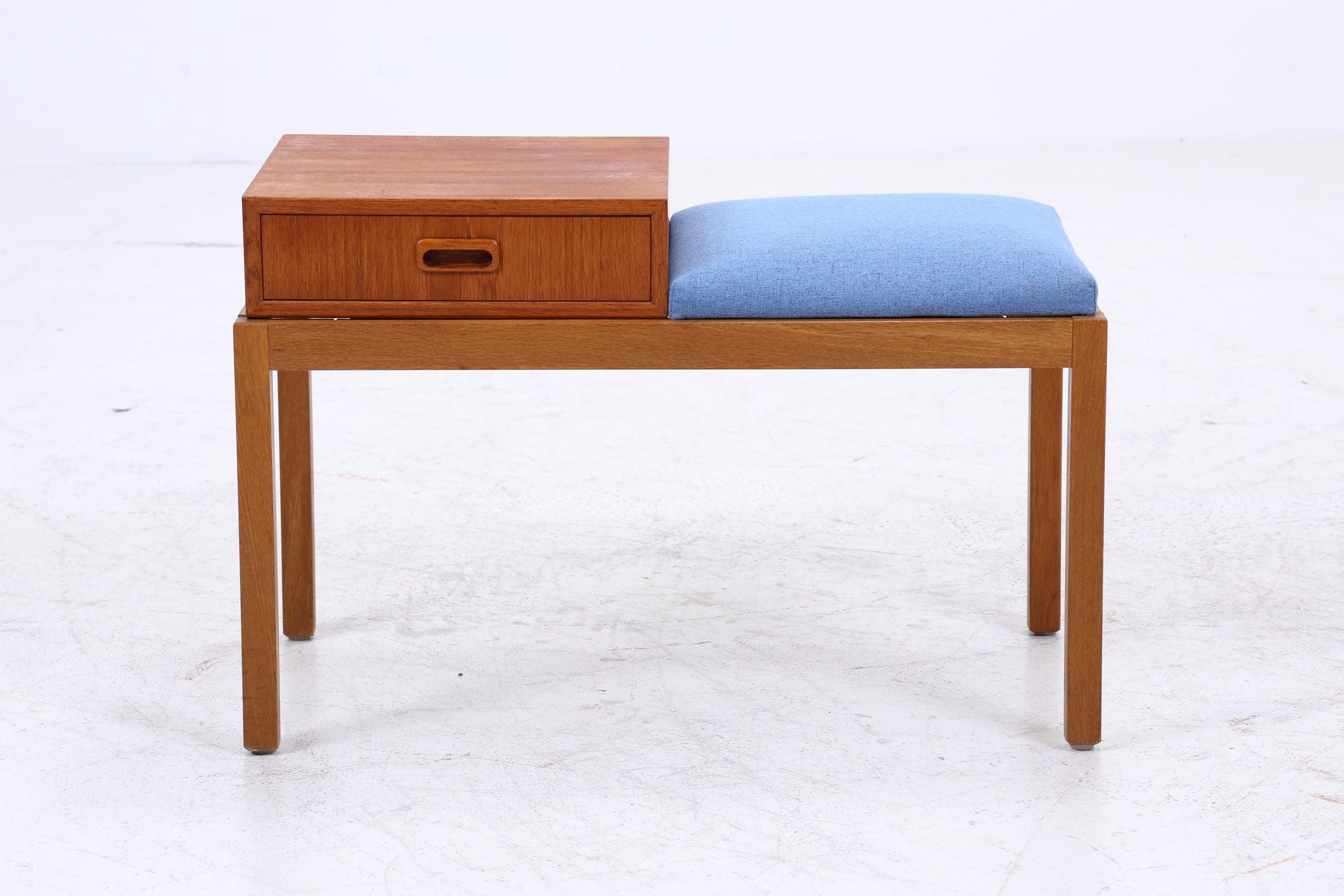 Mid Century Teak Telefonbank mit Schublade &amp; Sitzpolster | Vintage Flur Bank Blau | 60er Design Sitzbank