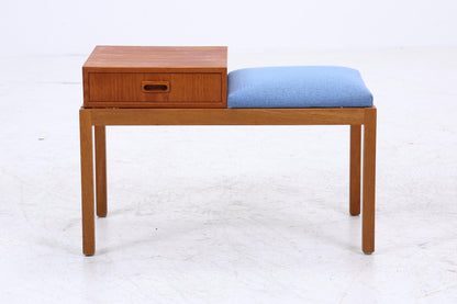Mid Century Teak Telefonbank mit Schublade &amp; Sitzpolster | Vintage Flur Bank Blau | 60er Design Sitzbank