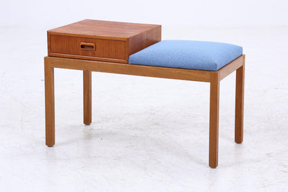 Mid Century Teak Telefonbank mit Schublade &amp; Sitzpolster | Vintage Flur Bank Blau | 60er Design Sitzbank