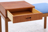 Mid Century Teak Telefonbank mit Schublade & Sitzpolster | Vintage Flur Bank Blau | 60er Design Sitzbank