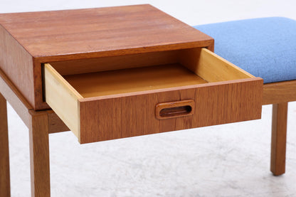 Mid Century Teak Telefonbank mit Schublade &amp; Sitzpolster | Vintage Flur Bank Blau | 60er Design Sitzbank