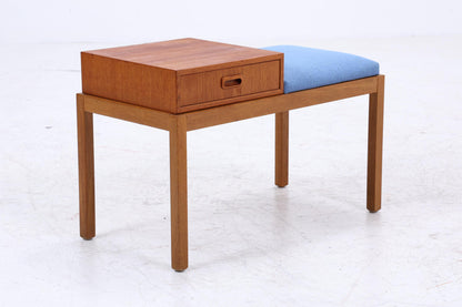Mid Century Teak Telefonbank mit Schublade &amp; Sitzpolster | Vintage Flur Bank Blau | 60er Design Sitzbank