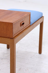 Mid Century Teak Telefonbank mit Schublade & Sitzpolster | Vintage Flur Bank Blau | 60er Design Sitzbank