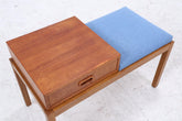 Mid Century Teak Telefonbank mit Schublade & Sitzpolster | Vintage Flur Bank Blau | 60er Design Sitzbank