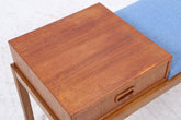 Mid Century Teak Telefonbank mit Schublade & Sitzpolster | Vintage Flur Bank Blau | 60er Design Sitzbank