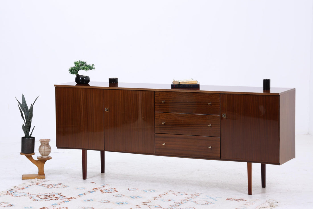 Vintage Hochglanz Sideboard 60er Jahre | Mid Century Anrichte mit Schubladen &amp; Fächern Aufbewahrung