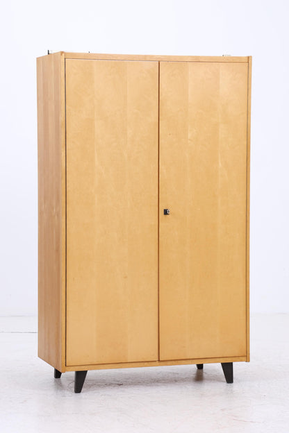 Vintage Kleiderschrank | Mid Century Wäscheschrank 2-türig | Kleiderstange &amp; Fächer | ausziehbare Kleiderstange