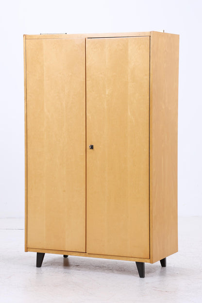 Vintage Kleiderschrank | Mid Century Wäscheschrank 2-türig | Kleiderstange &amp; Fächer | ausziehbare Kleiderstange