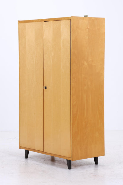 Vintage Kleiderschrank | Mid Century Wäscheschrank 2-türig | Kleiderstange &amp; Fächer | ausziehbare Kleiderstange
