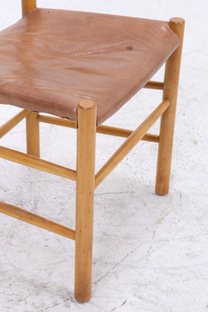 Vintage Leder Stuhl 60er Jahre | Mid Century Holz Esszimmerstuhl 60er 70er