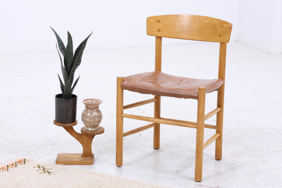 Vintage Leder Stuhl 60er Jahre | Mid Century Holz Esszimmerstuhl 60er 70er