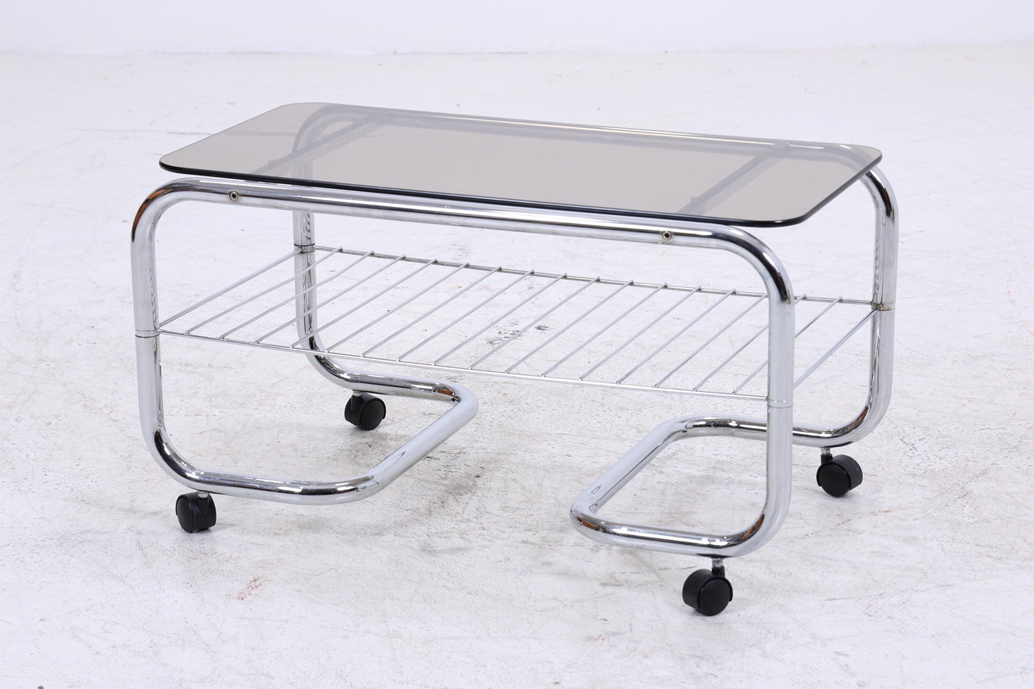 Vintage Servierwagen mit Chromgestell und Glasplatte | Mid-Century Barwagen Beistelltisch