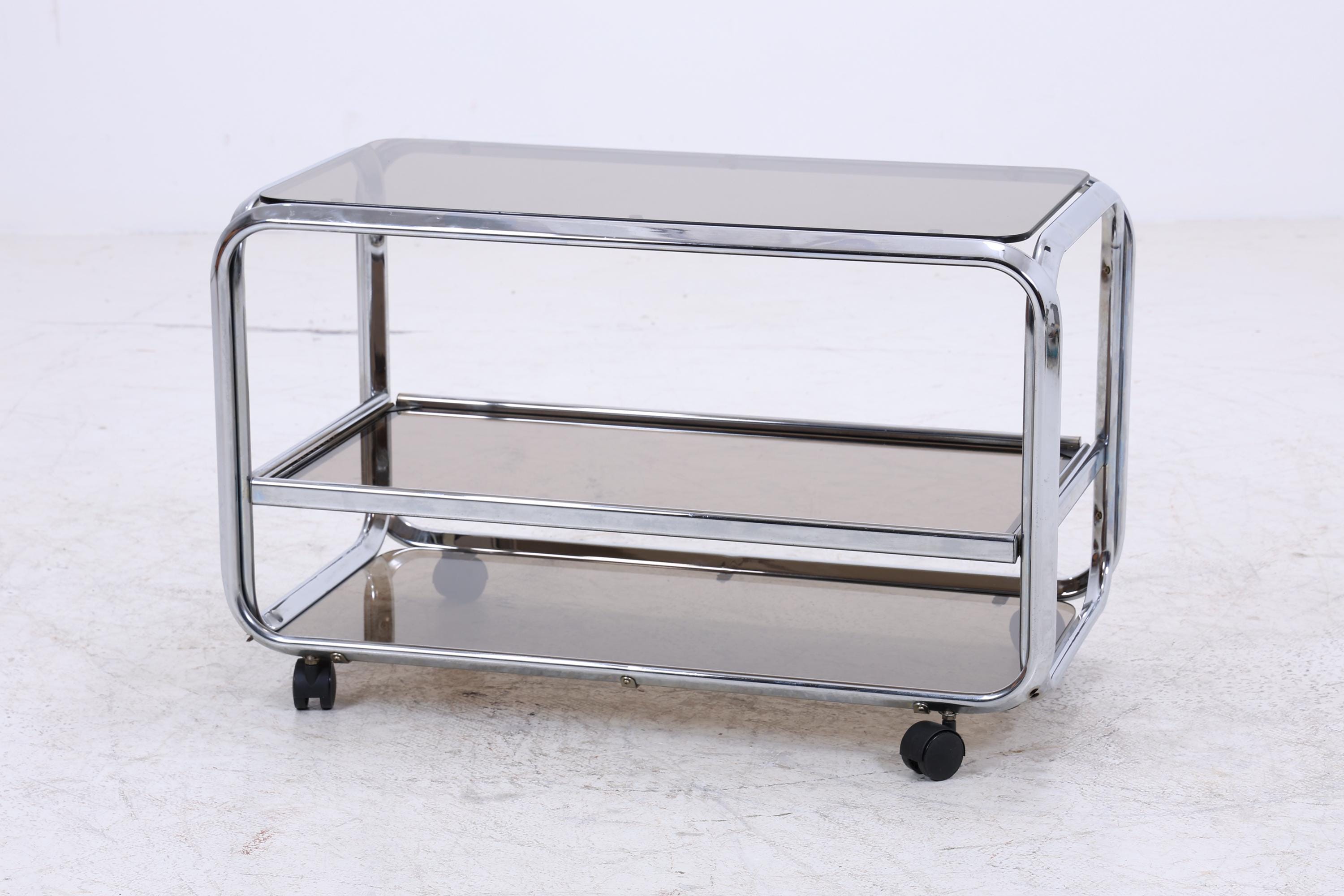 Vintage Servierwagen aus Chrom &amp; Rauchglas | Mid-Century Barwagen Beistelltisch