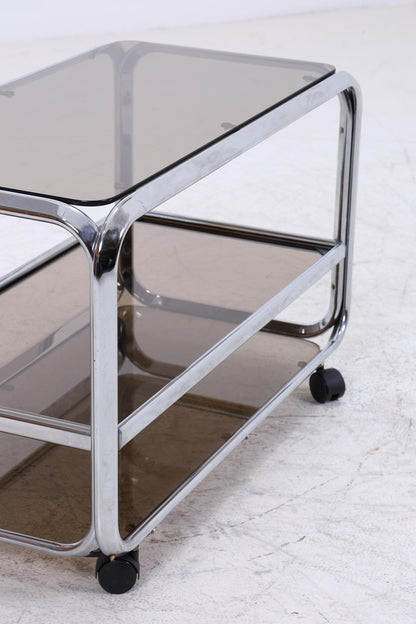 Vintage Servierwagen aus Chrom &amp; Rauchglas | Mid-Century Barwagen Beistelltisch