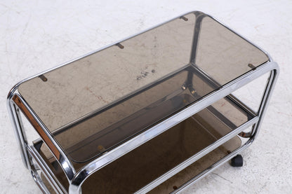 Vintage Servierwagen aus Chrom &amp; Rauchglas | Mid-Century Barwagen Beistelltisch