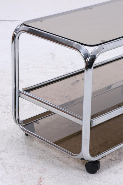 Vintage Servierwagen aus Chrom &amp; Rauchglas | Mid-Century Barwagen Beistelltisch
