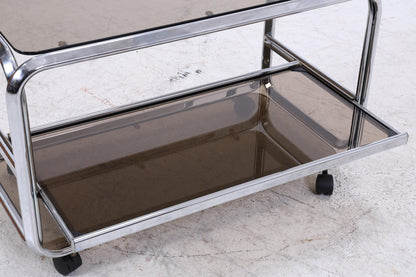 Vintage Servierwagen aus Chrom &amp; Rauchglas | Mid-Century Barwagen Beistelltisch