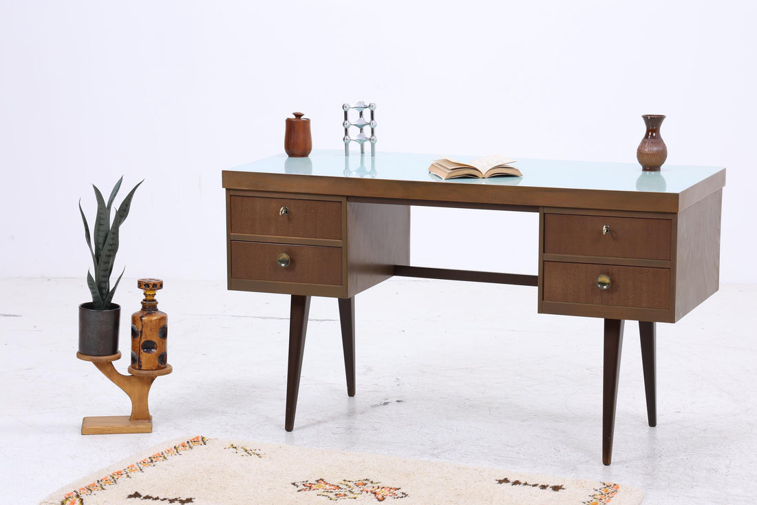 Vintage Schreibtisch | Mid Century Desk mit Resopal Oberfläche 50er 60er Jahre Holz Schubladen