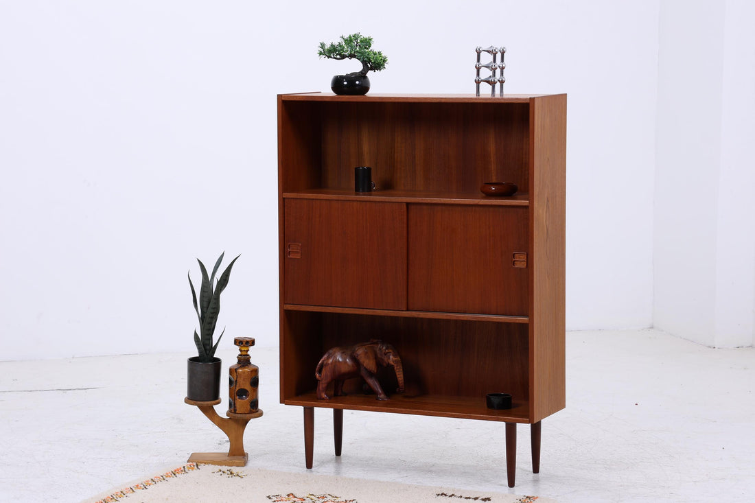 Vintage Teak Bücherschrank mit Schiebetüren | Mid Century Danish Design Regal 1960er