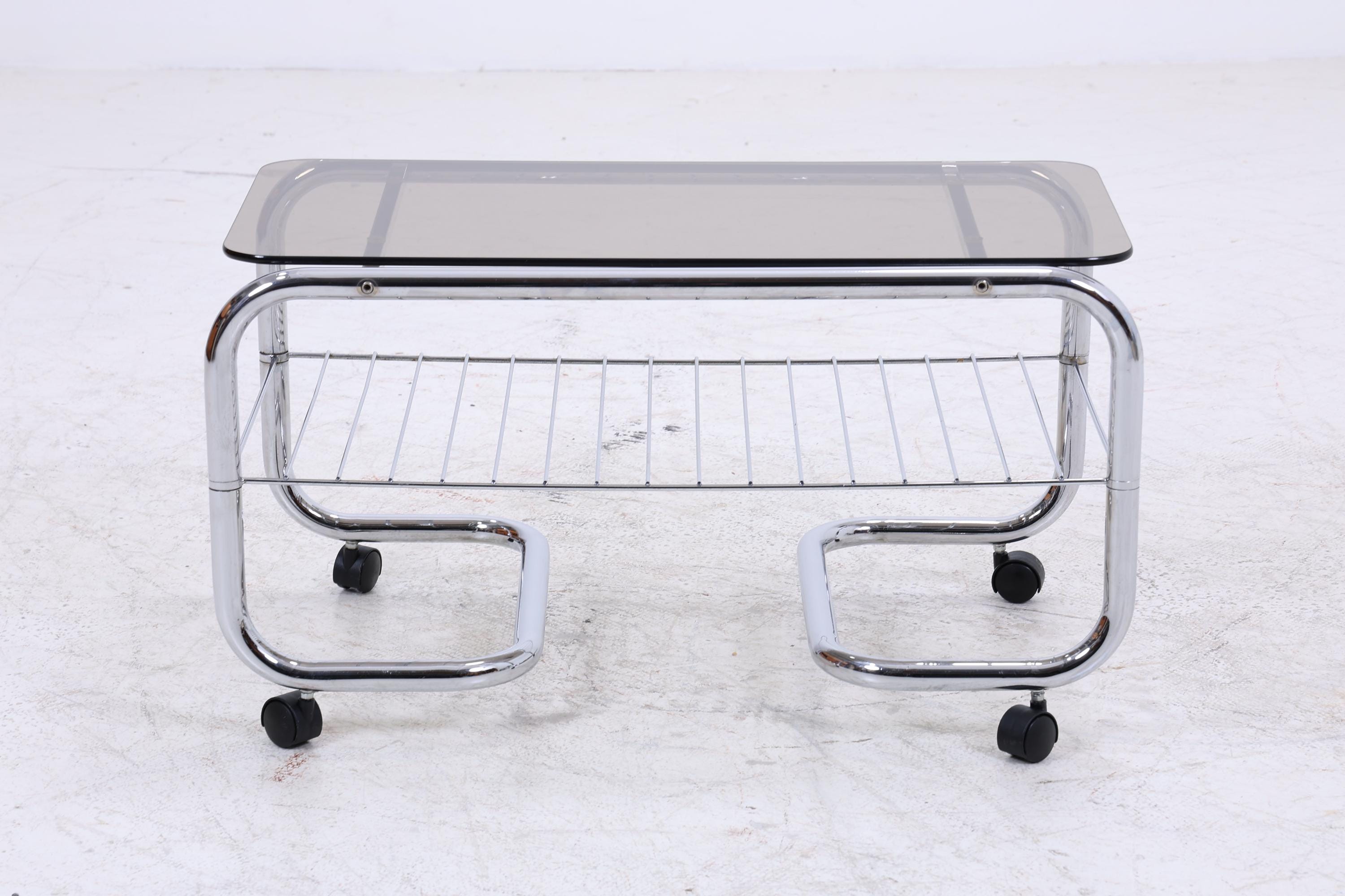 Vintage Servierwagen mit Chromgestell und Glasplatte | Mid-Century Barwagen Beistelltisch