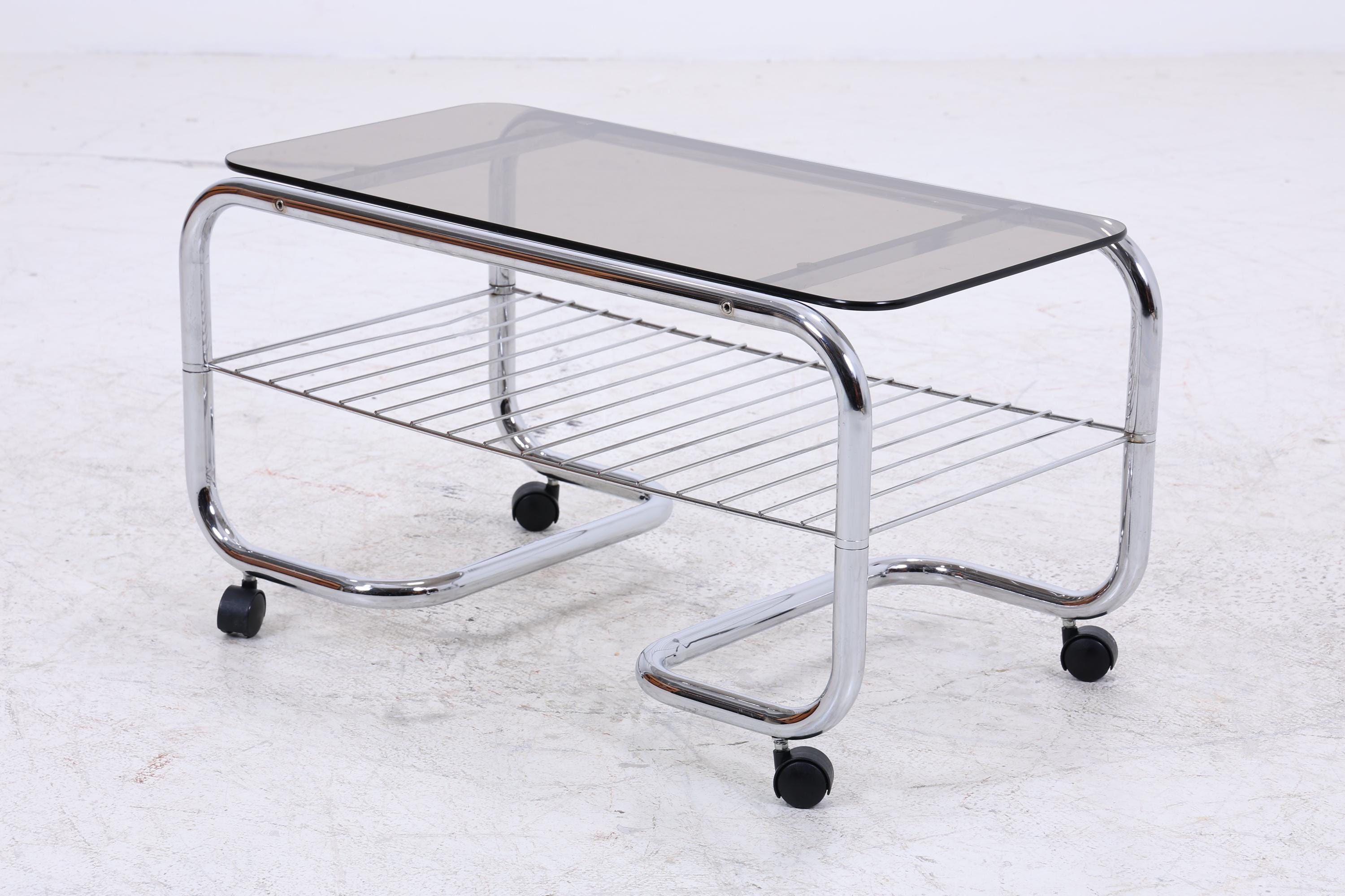 Vintage Servierwagen mit Chromgestell und Glasplatte | Mid-Century Barwagen Beistelltisch
