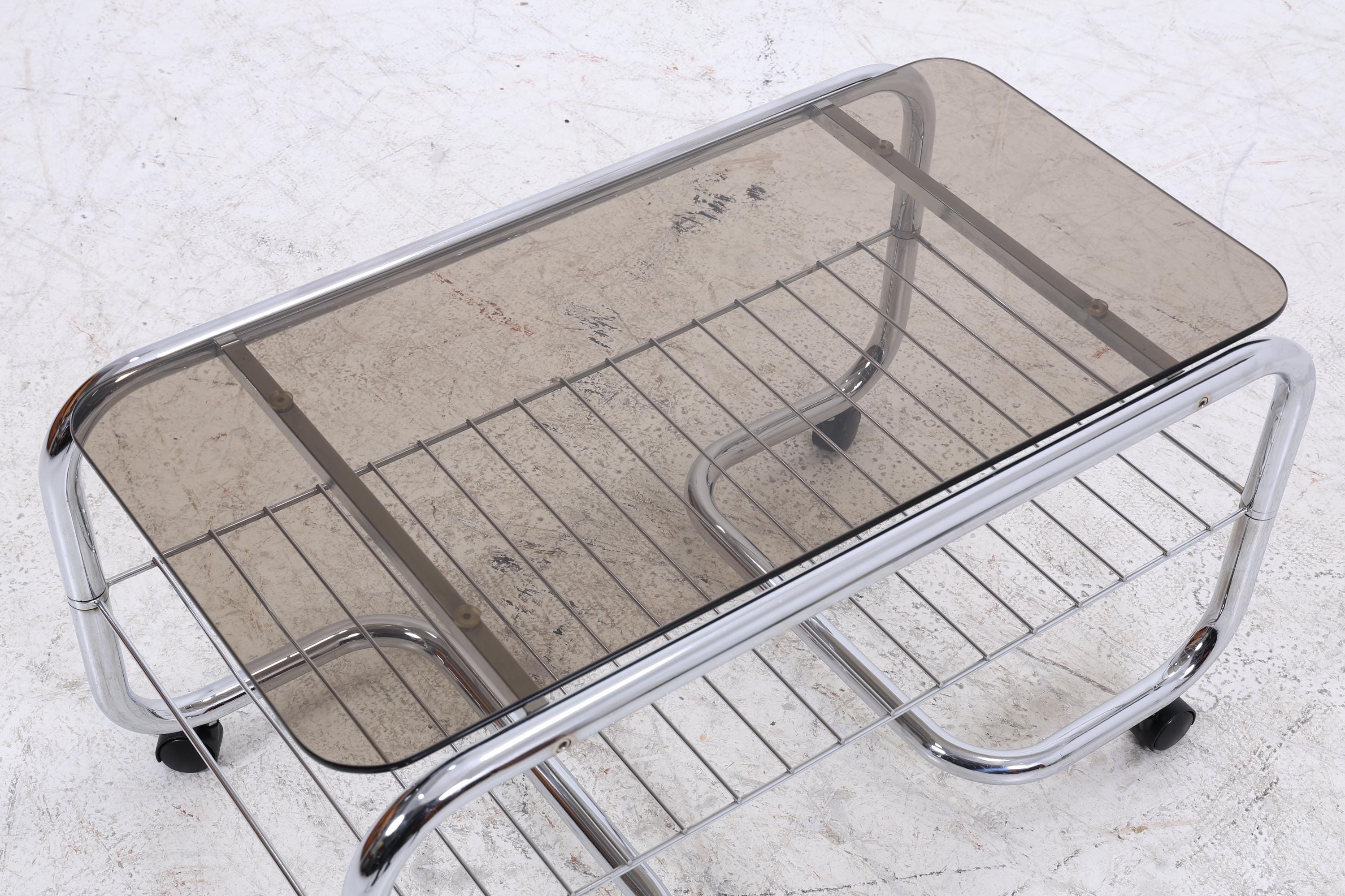 Vintage Servierwagen mit Chromgestell und Glasplatte | Mid-Century Barwagen Beistelltisch