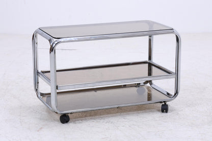 Vintage Servierwagen aus Chrom &amp; Rauchglas | Mid-Century Barwagen Beistelltisch