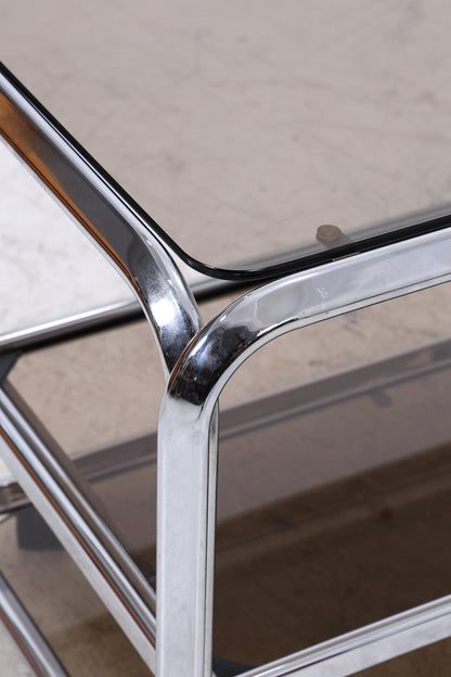 Vintage Servierwagen aus Chrom &amp; Rauchglas | Mid-Century Barwagen Beistelltisch