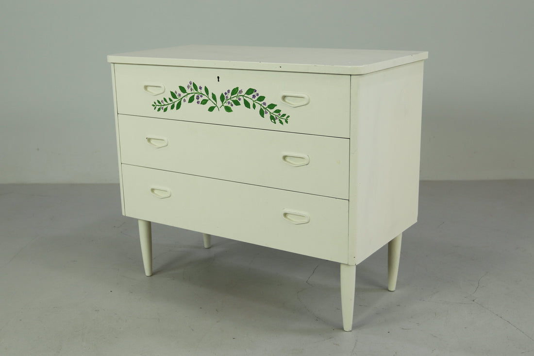 Weiße Schubladen Kommode 60er Jahre | Mid Century Kommode Sideboard Floral Blumen Konsole Schrank Retro 70er Vintage