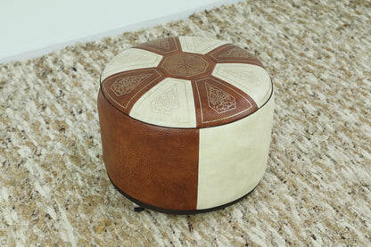 Vintage Leder Pouf | Marokkanischer Lederhocker Sitzhocker Braun Weiß