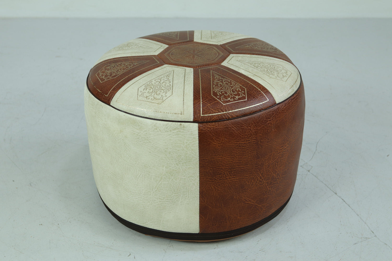 Vintage Leder Pouf | Marokkanischer Lederhocker Sitzhocker Braun Weiß