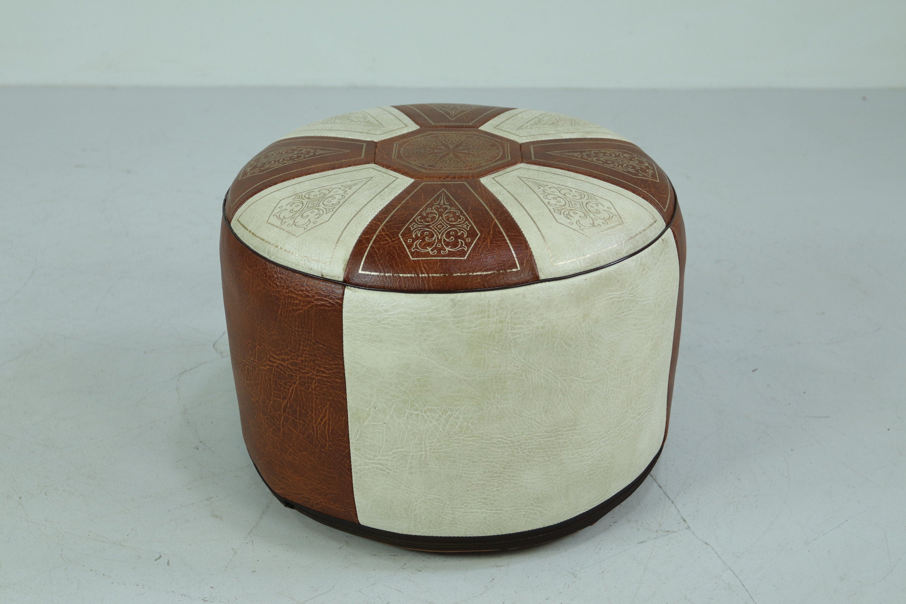 Vintage Leder Pouf | Marokkanischer Lederhocker Sitzhocker Braun Weiß