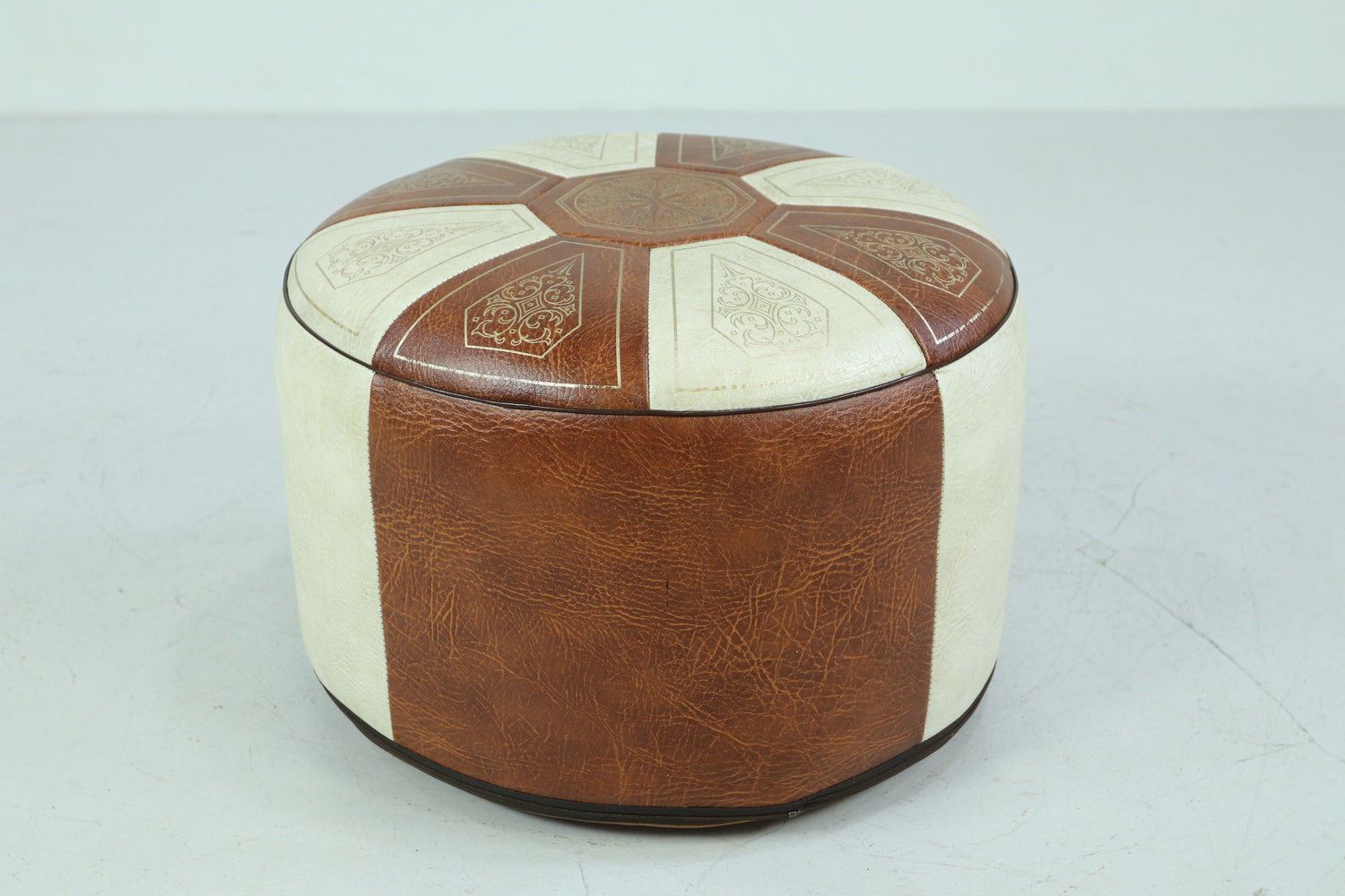 Vintage Leder Pouf | Marokkanischer Lederhocker Sitzhocker Braun Weiß